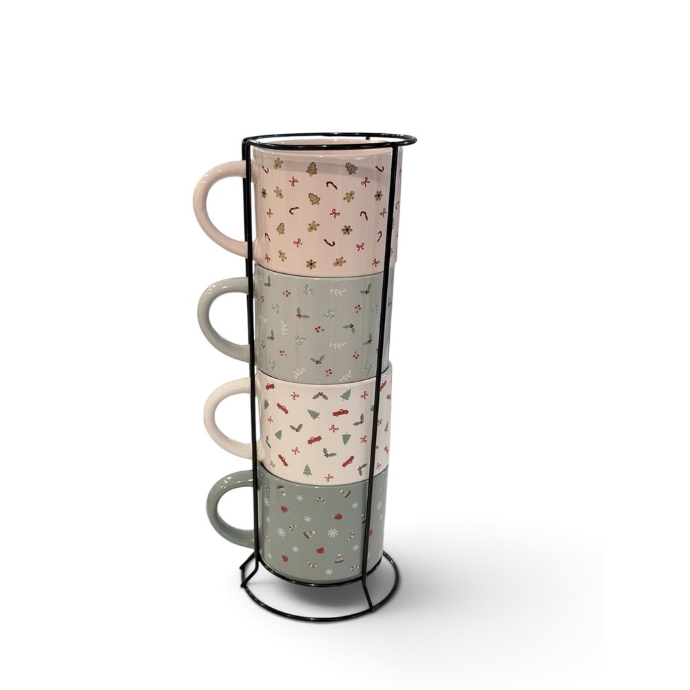 Christmas Stackable Mug Set with Black Metal Rack 4 Piece Holiday Ceramic Mugs